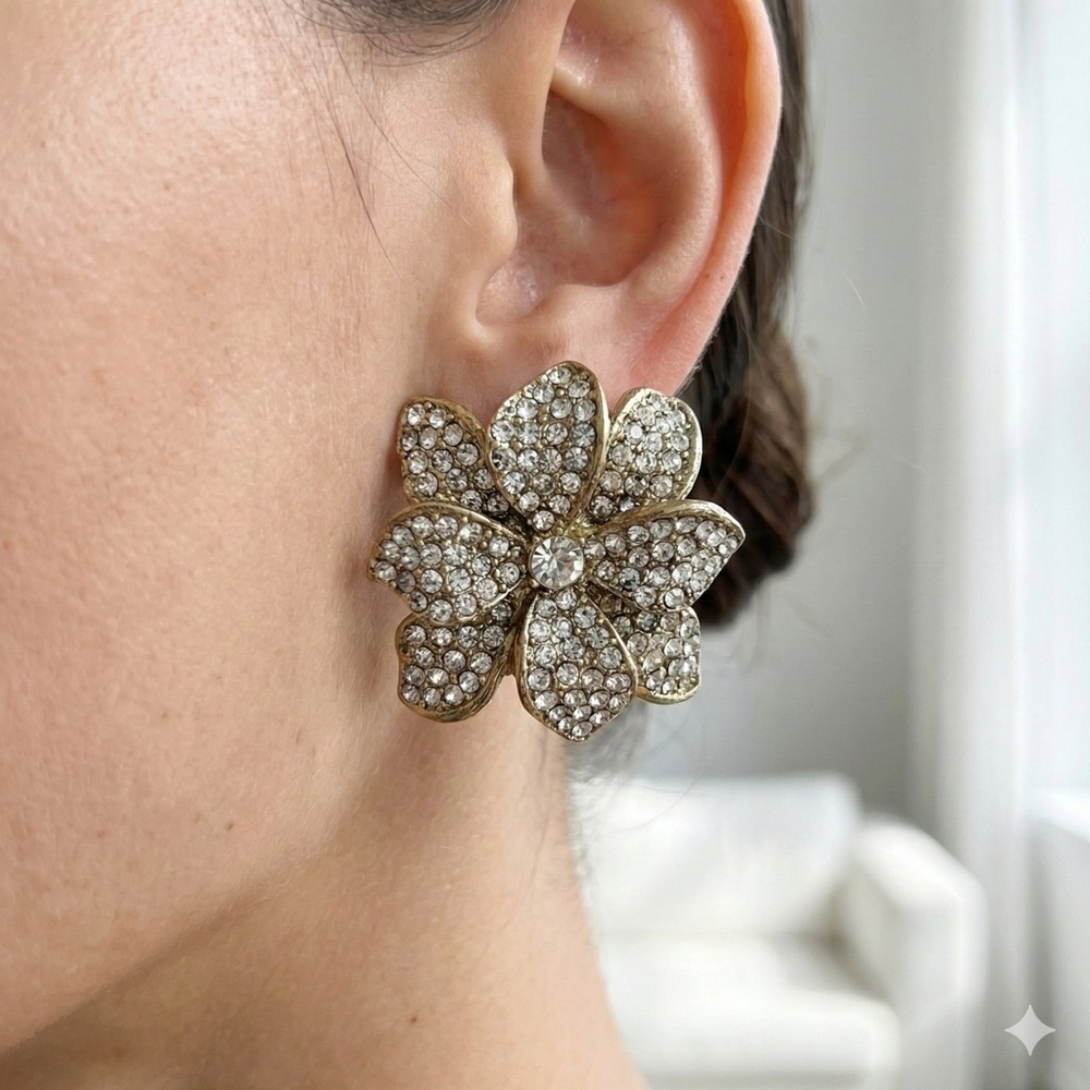 Vintage Roman 80s Gold Pave Rhinestone Flower Clip On Earrings